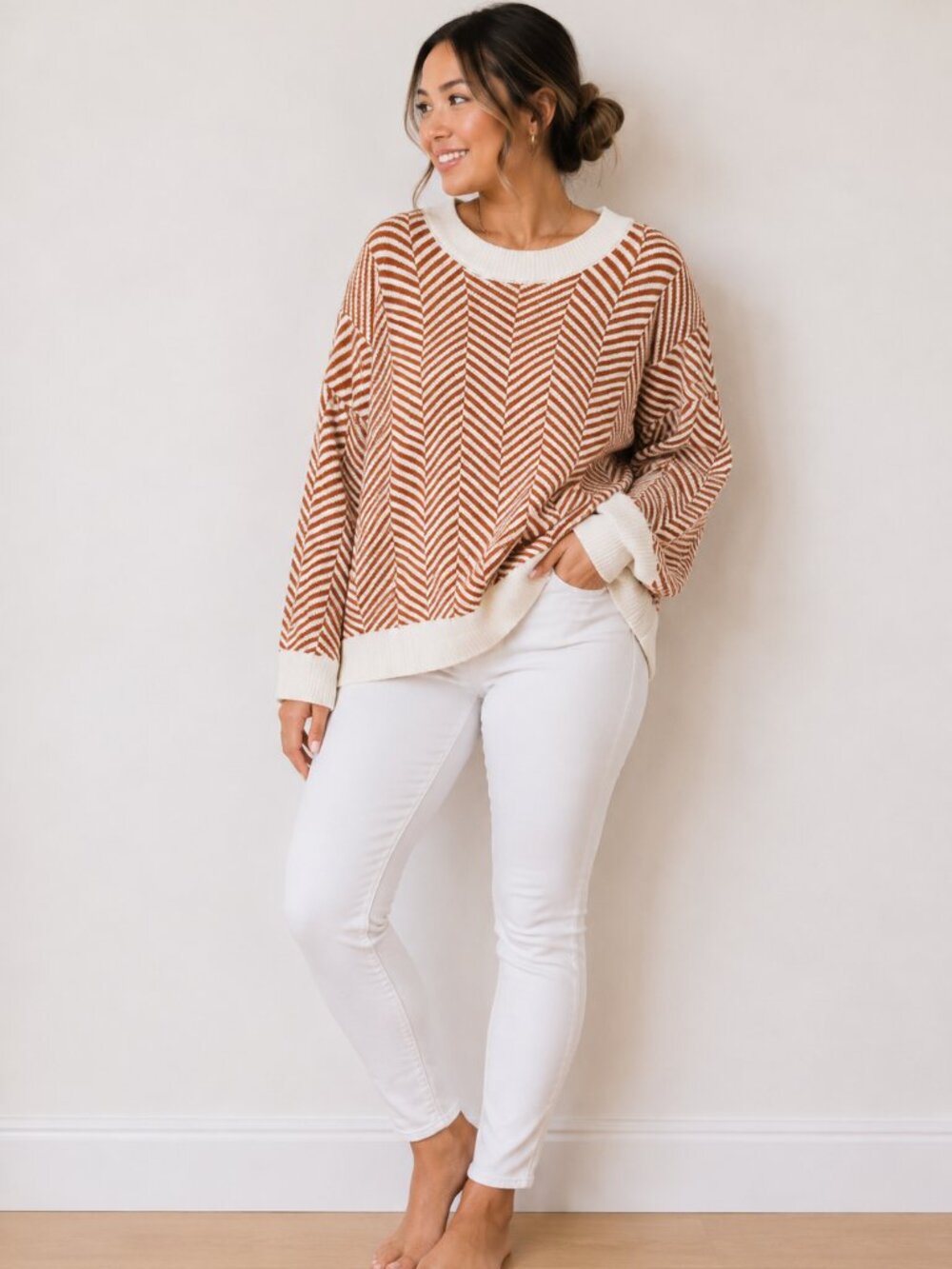 Chevron Crewneck Sweater in Cream and Rust